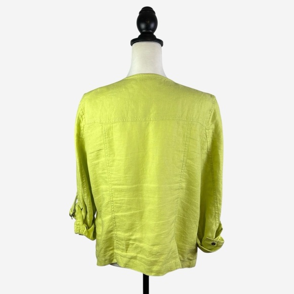 Chicos Easy Linen Jacket Chartreuse Green Open Drape Front Roll Tab Sleeve - Picture 5 of 12